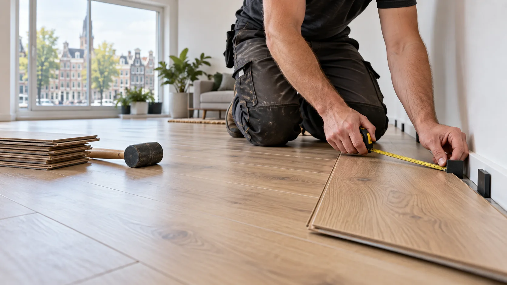 Vakman meet een laminaatplank bij het leggen in een woning