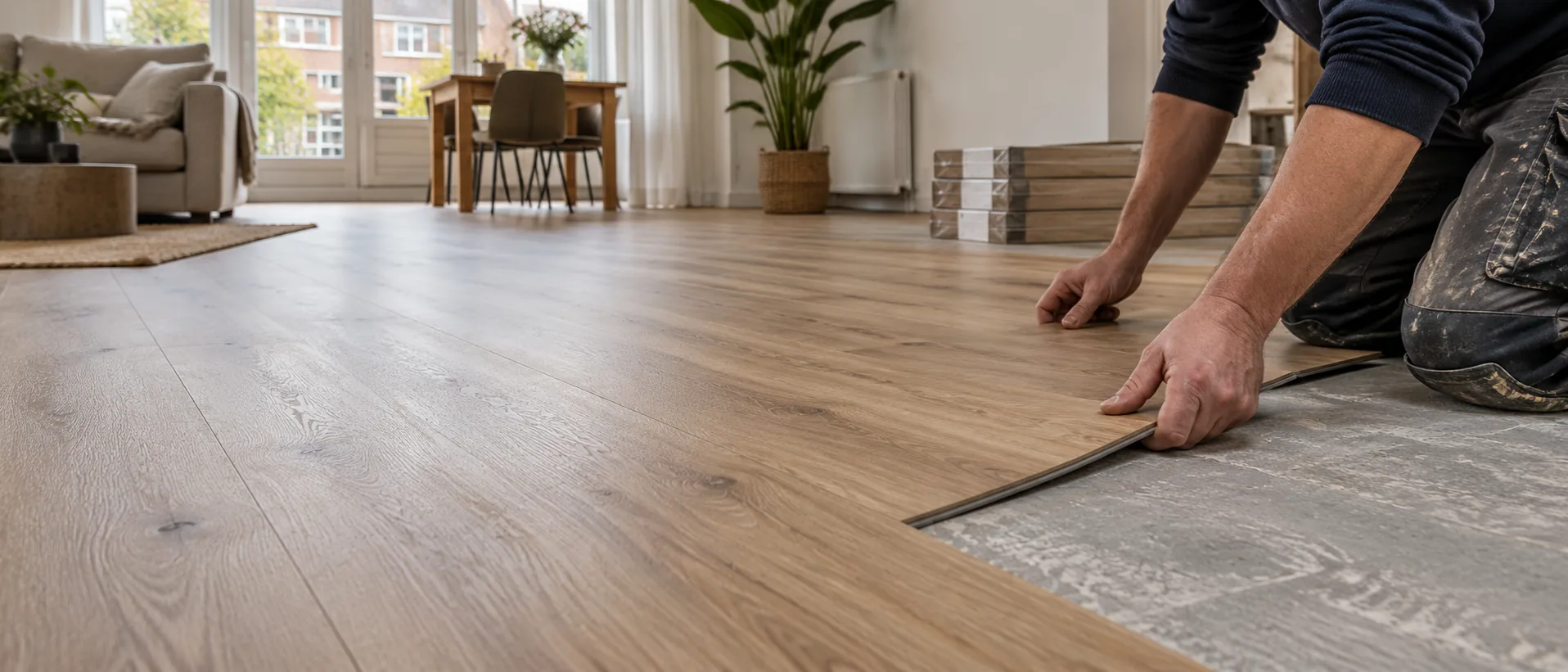 Vakman legt klik-PVC op een voorbereide ondervloer