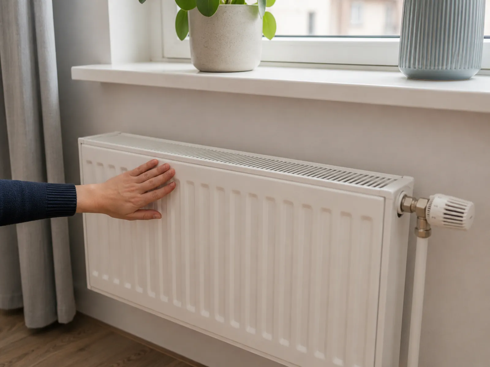 Hand controleert een radiator die niet goed warm wordt onder een raam