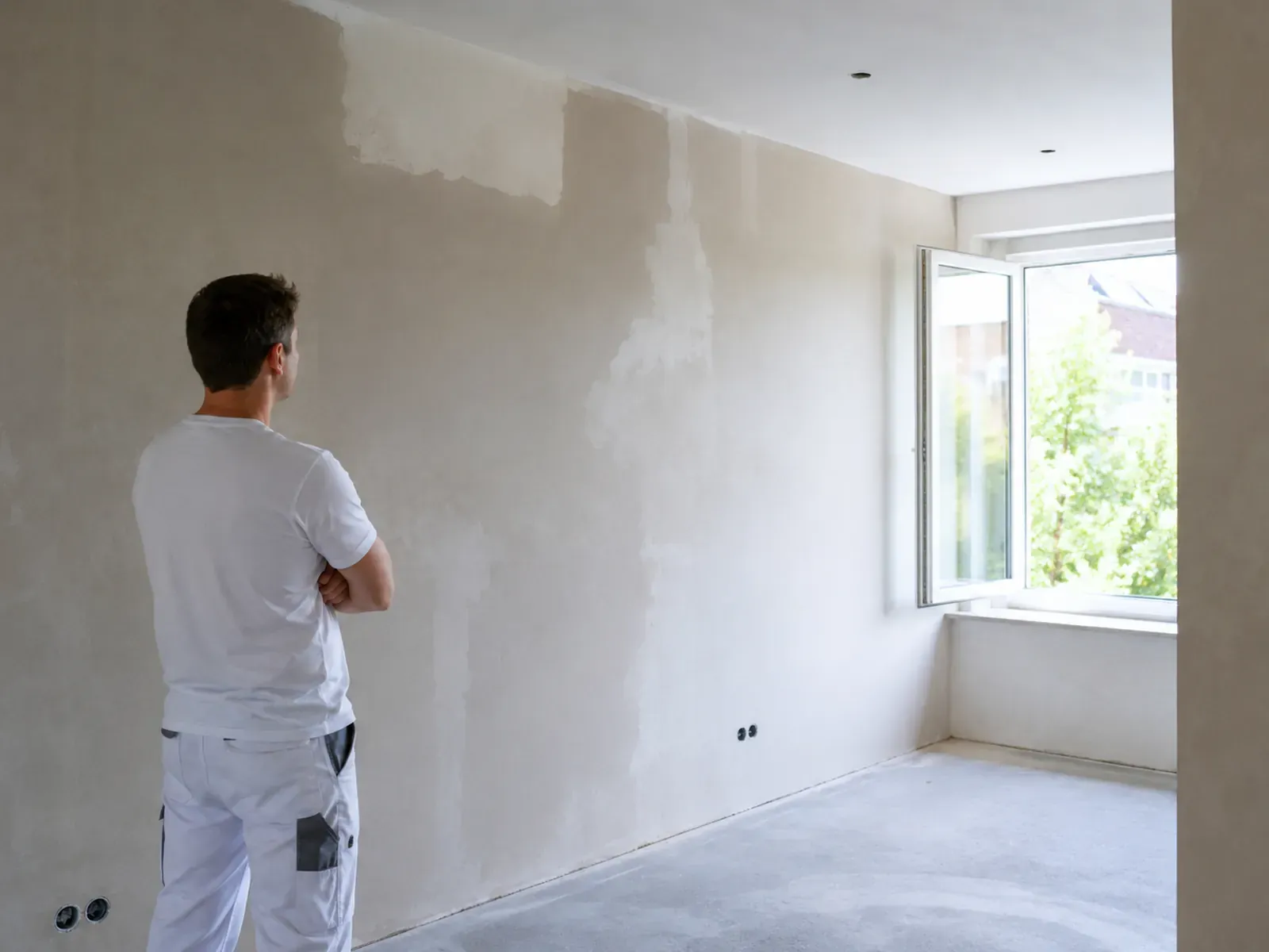 Freshly plastered interior wall drying evenly in a ventilated room