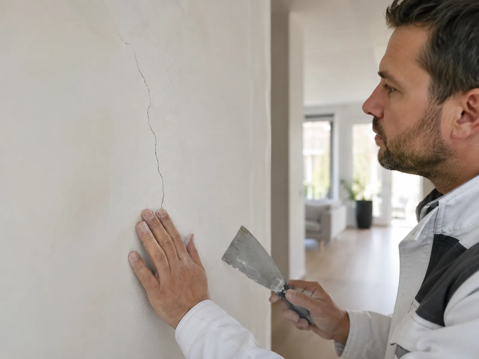 Scheur in stucwerk op een binnenmuur die wordt gecontroleerd door een stukadoor