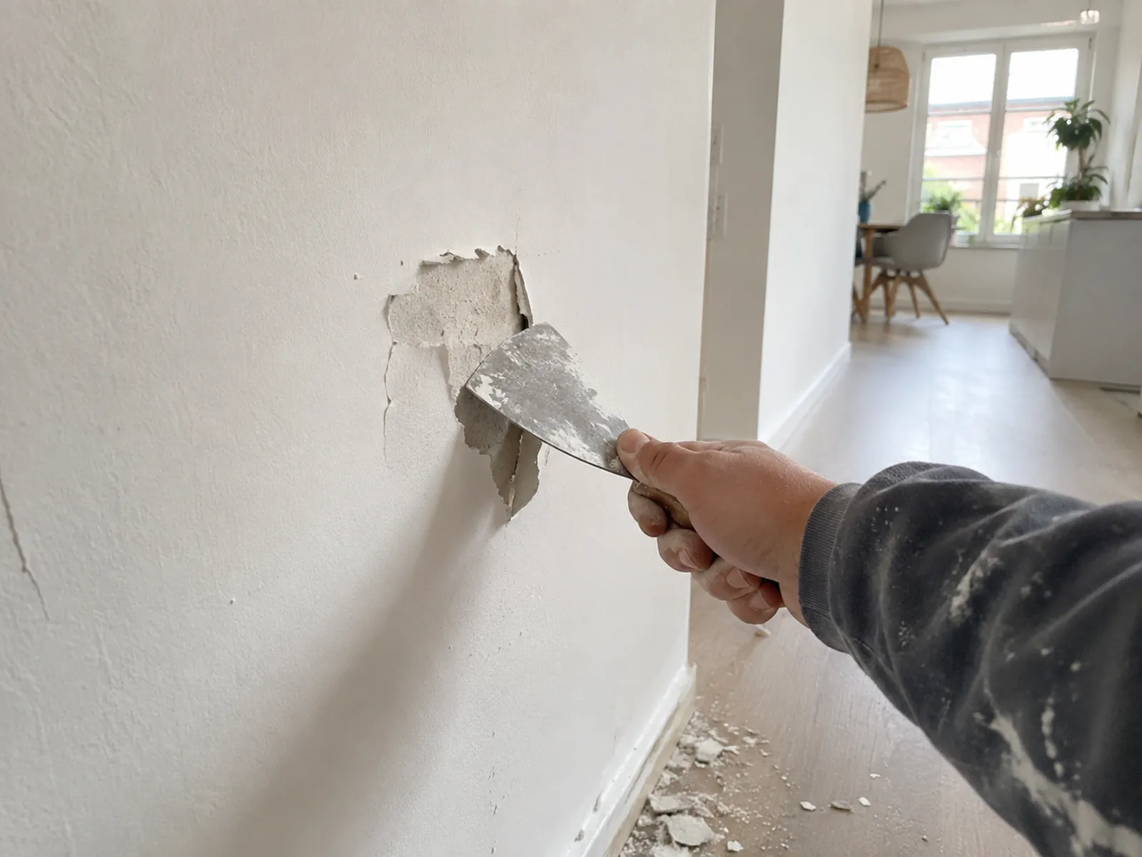 Loslatend stucwerk dat met een plamuurmes van de muur wordt verwijderd