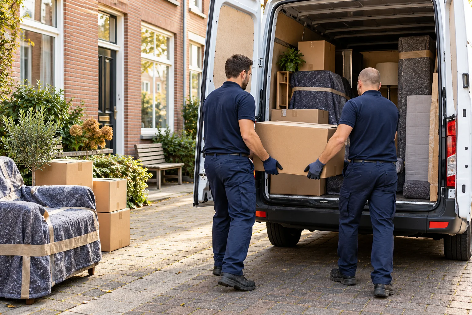 Illustration of two movers preparing a moving van for loading.