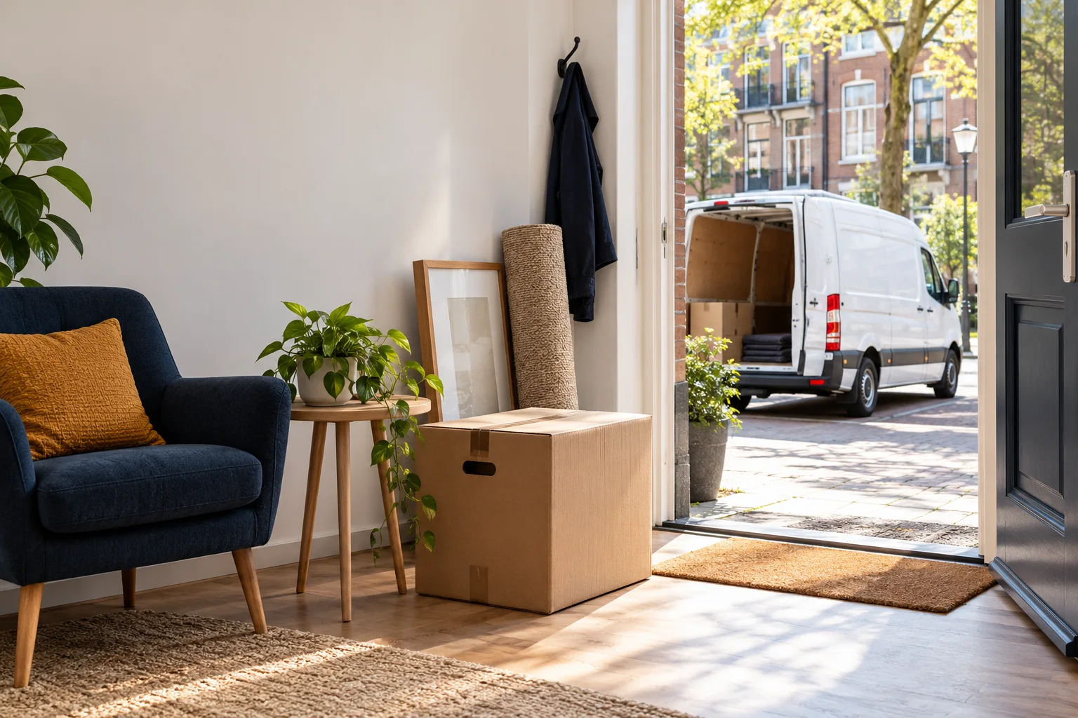 Illustration of boxes and furniture in a home, with a moving van near the entrance.