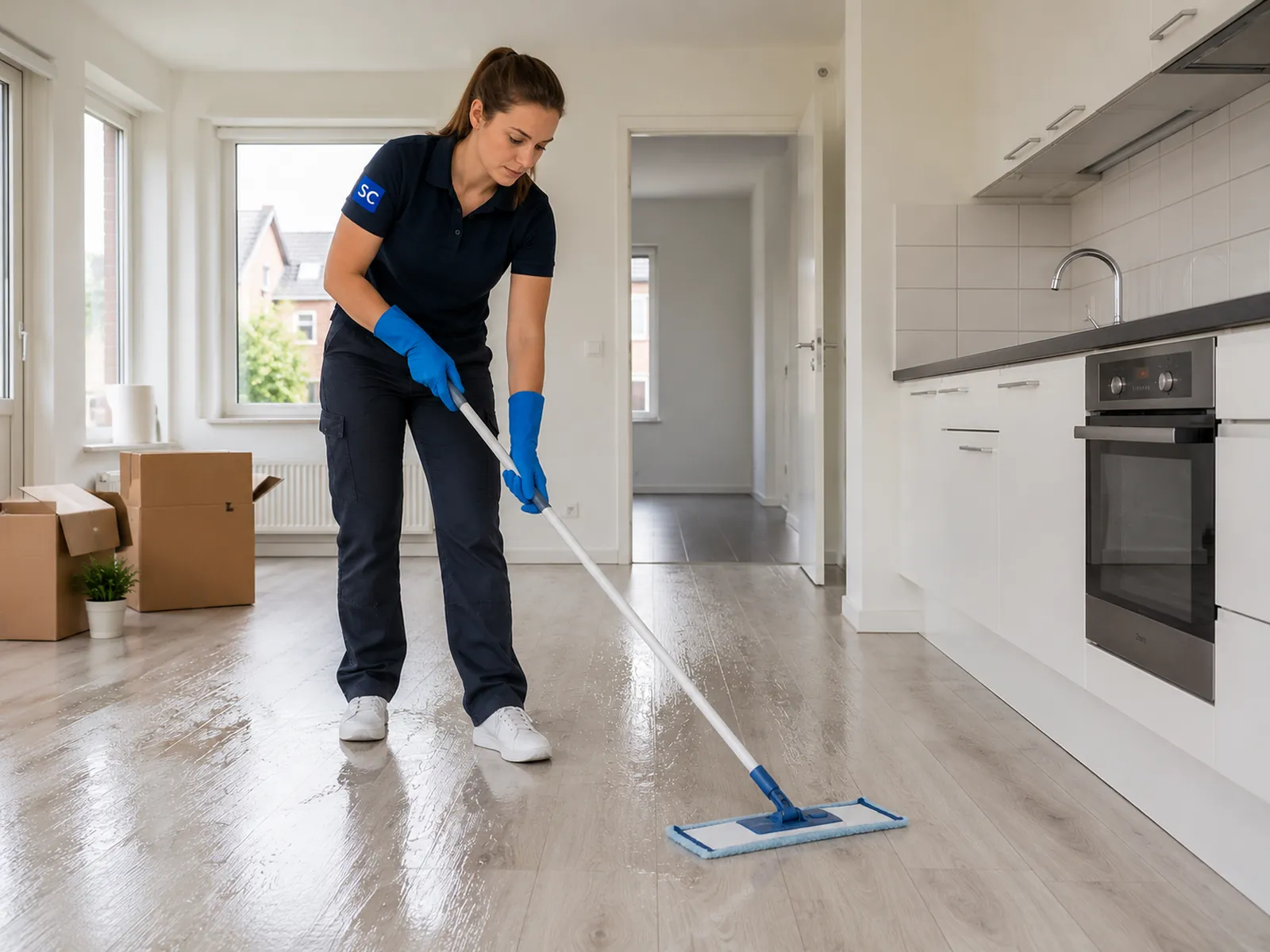 Schoonmaker voert eindschoonmaak uit in een leeg appartement