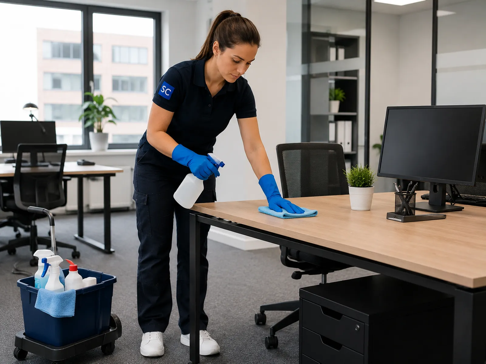 Kantoorschoonmaker maakt bureaus schoon in een moderne werkruimte