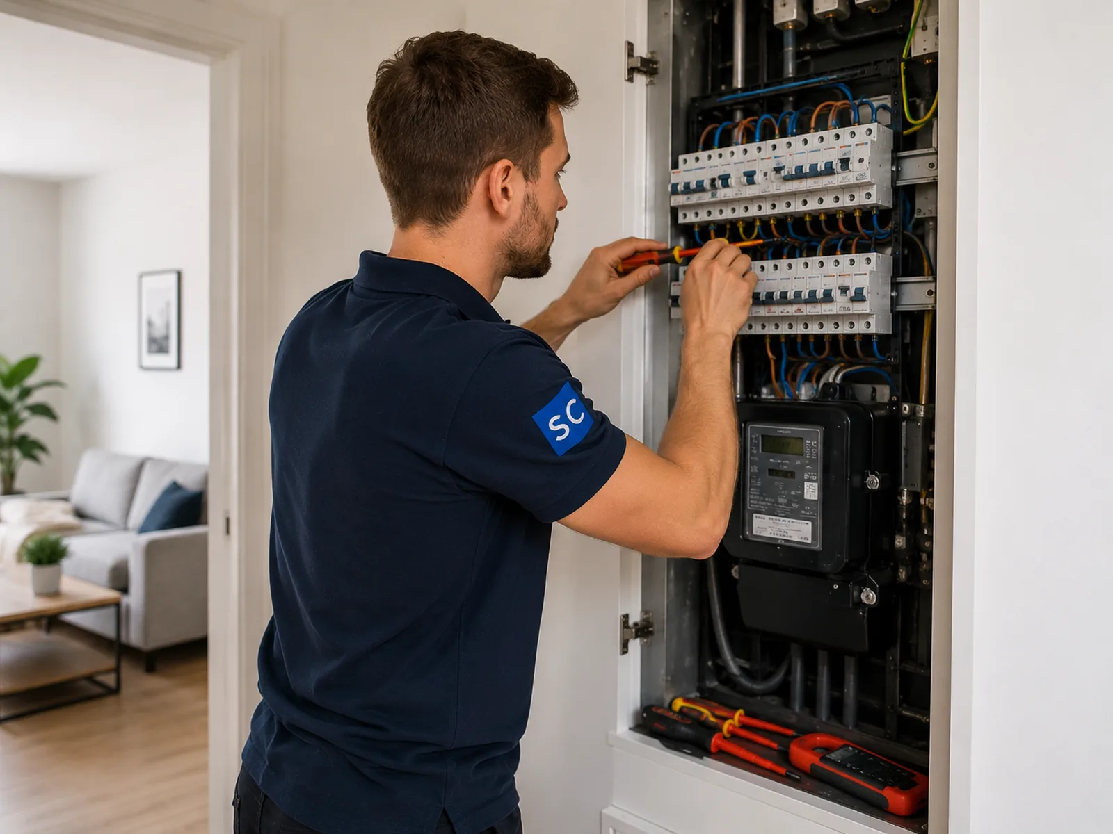 Electrician working on a fuse box in a modern home