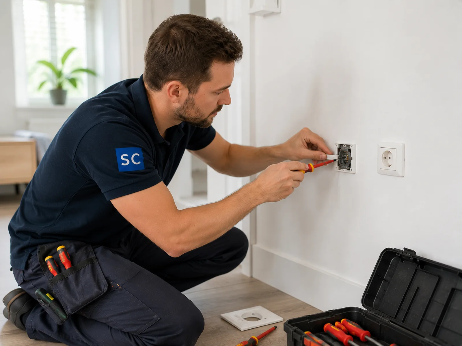 Elektricien installeert een stopcontact in een moderne woning