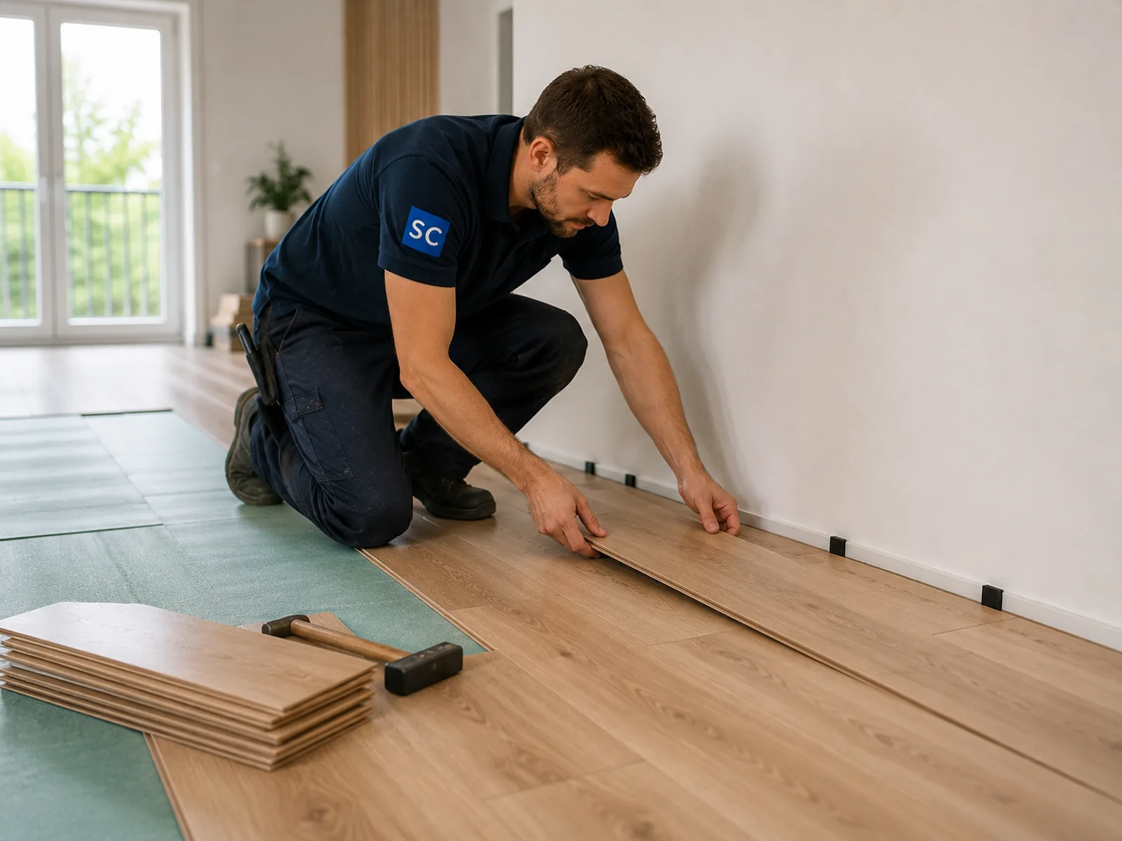 Vloerenlegger legt laminaat in een moderne woning