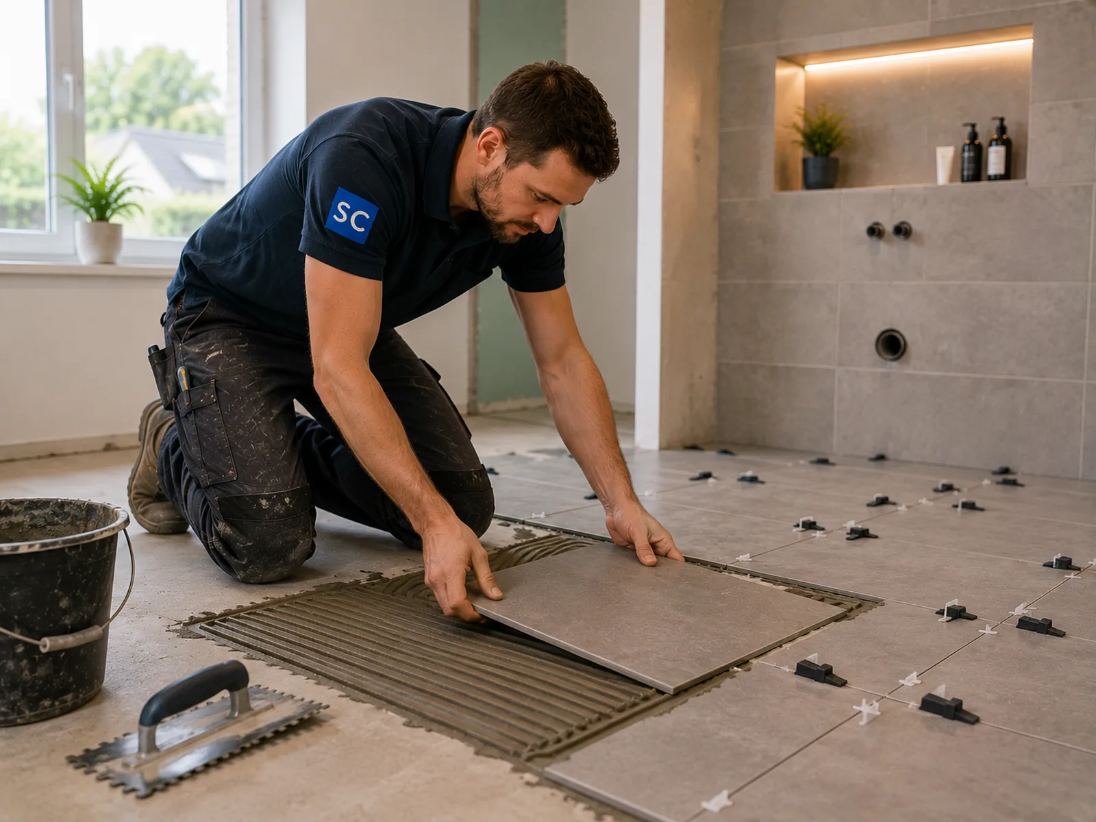 Flooring professional installing floor tiles in a modern bathroom