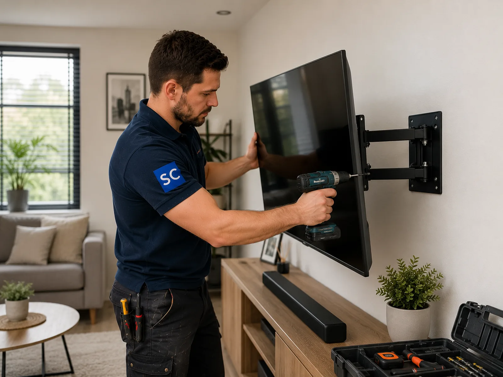 Handyman mounting a TV on a wall in a modern living room