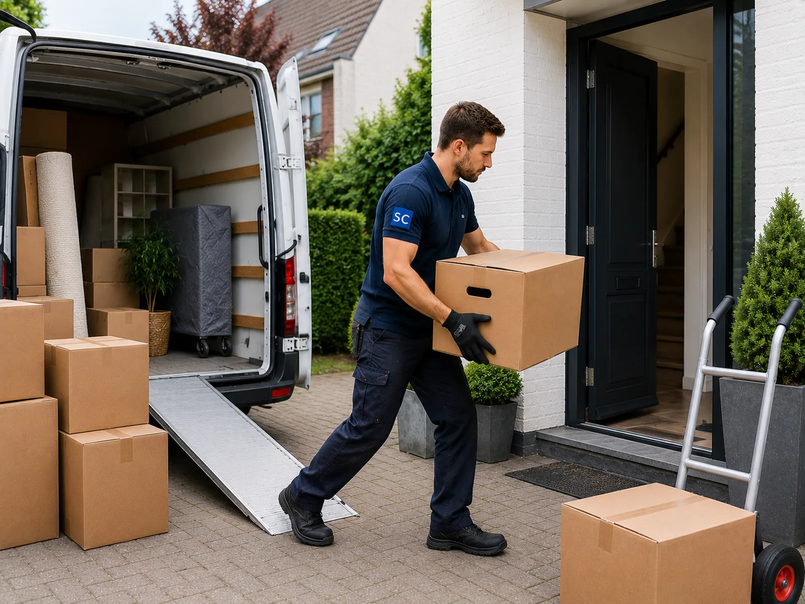 Moving professional carrying boxes into a home
