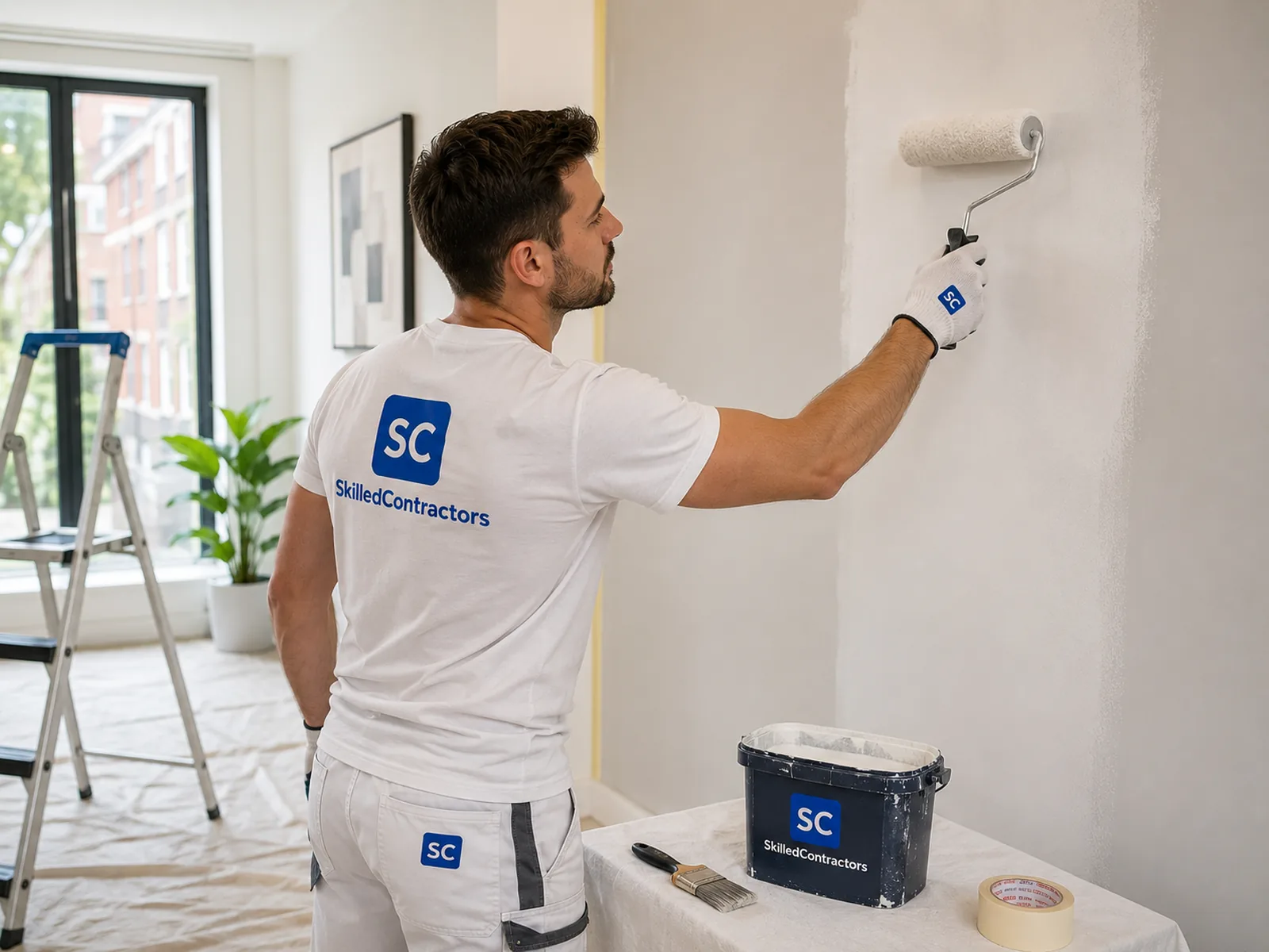 Interior painter painting a wall in a modern Dutch home