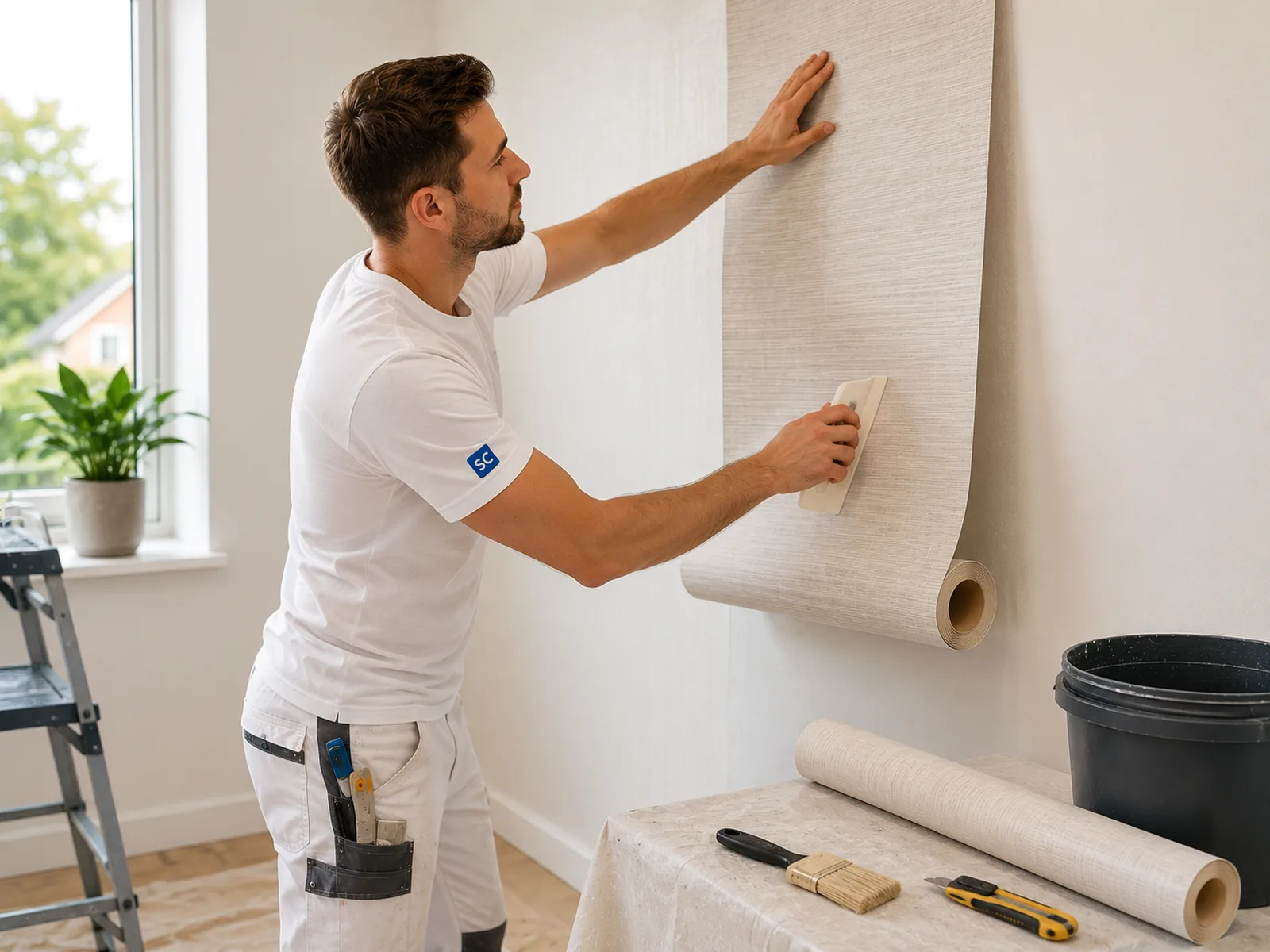 Behanger brengt behang aan in een moderne woning
