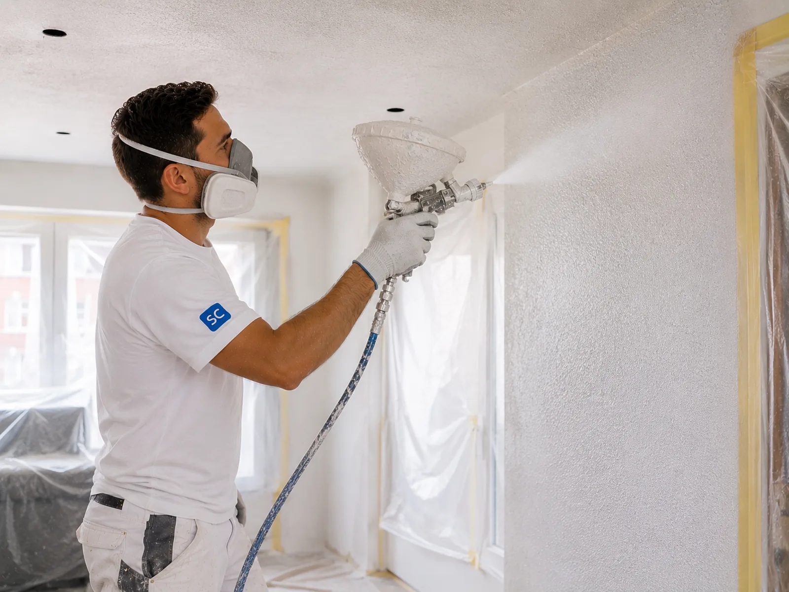 Plasterer applying spray plaster to an interior wall in a Dutch home
