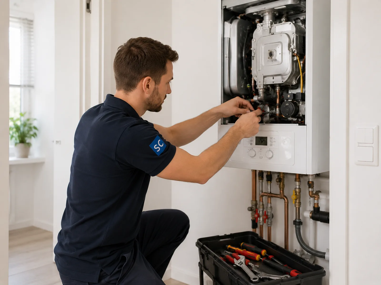 Plumber servicing a wall-mounted boiler in a utility room