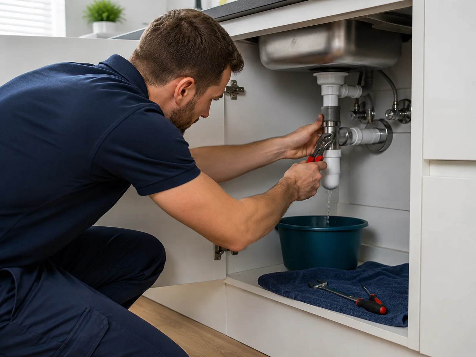 Plumber repairing a leaking pipe under a sink
