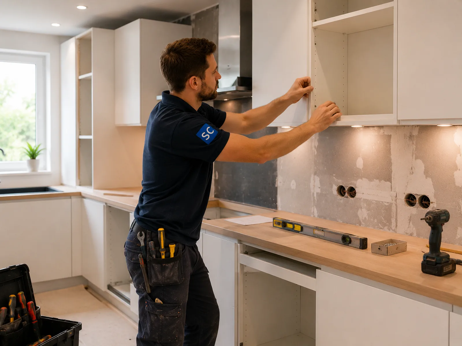 Renovation professional installing kitchen cabinets in a modern home
