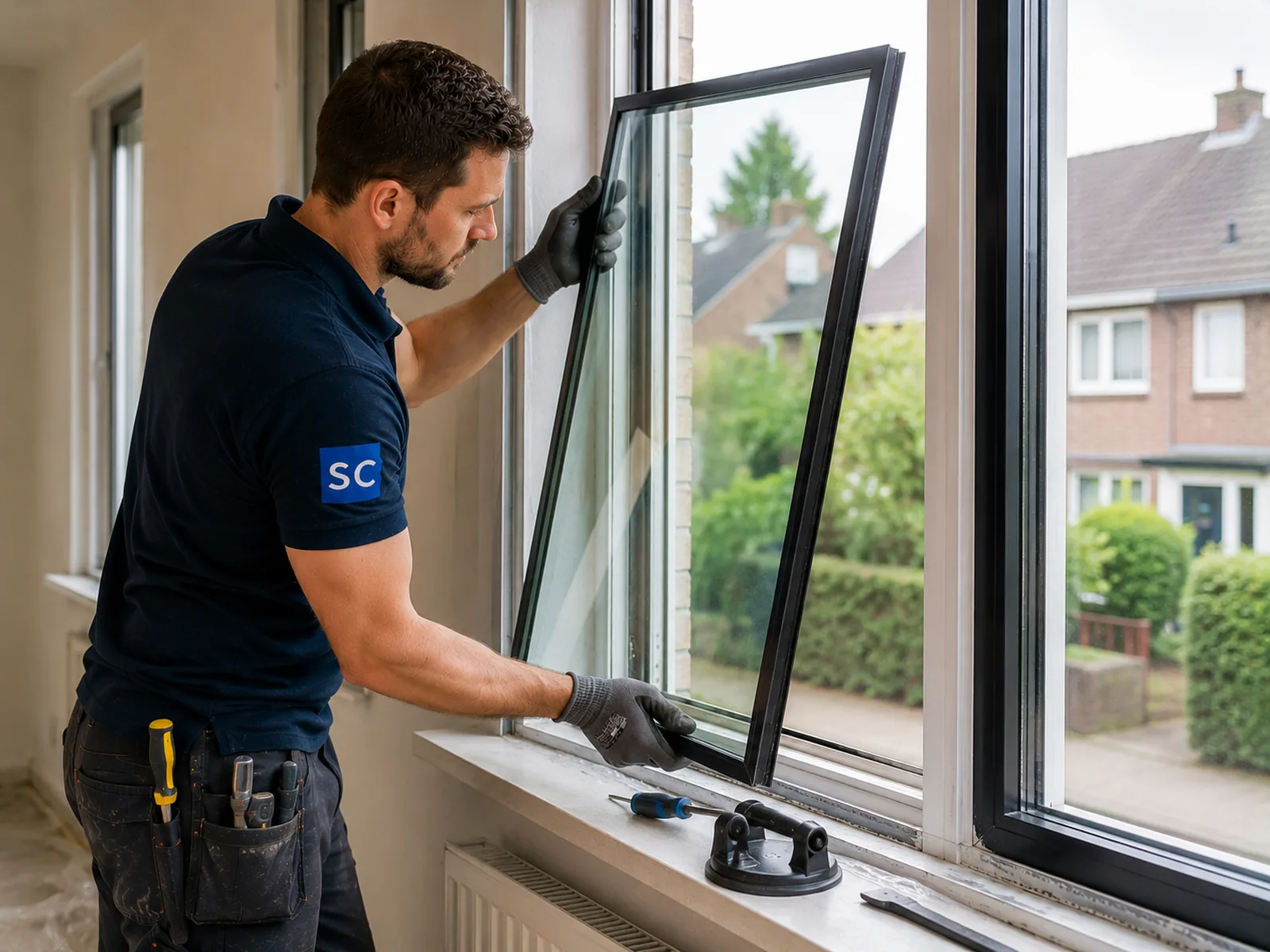 Window installer replacing a glass pane in a modern home