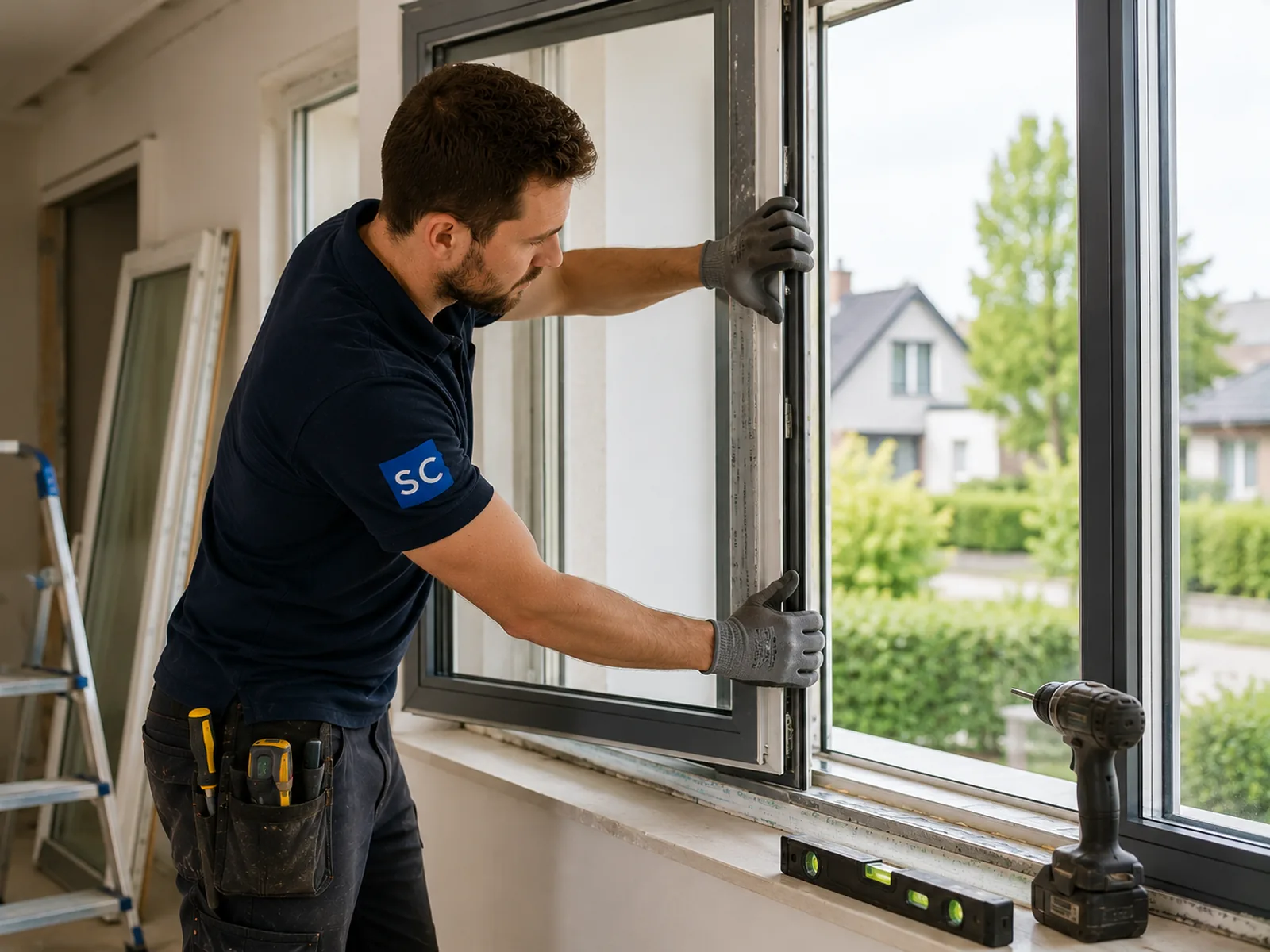 Window installer fitting a window frame in a modern home
